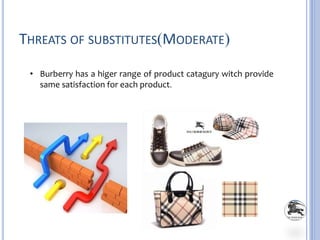 THREATS OF SUBSTITUTES(MODERATE)
• Burberry has a higer range of product catagury witch provide
same satisfaction for each product.
 