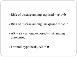 Risk of disease among exposed = a/ a+b
Risk of disease among unexposed = c/c+d
AR = risk among exposed - risk among
unexposed
For null hypothesis, AR = 0
 