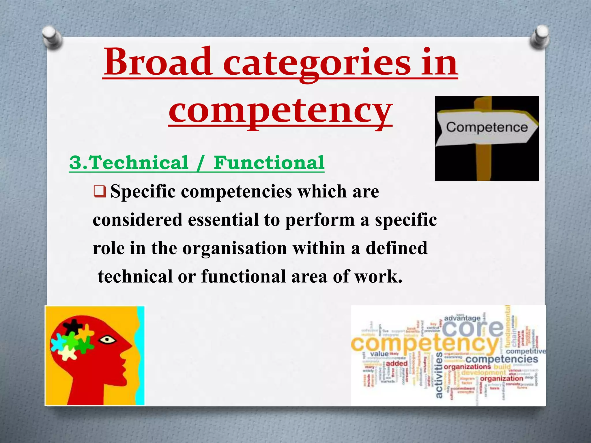 Broad categories in
competency
3.Technical / Functional
 Specific competencies which are
considered essential to perform a specific
role in the organisation within a defined
technical or functional area of work.
 