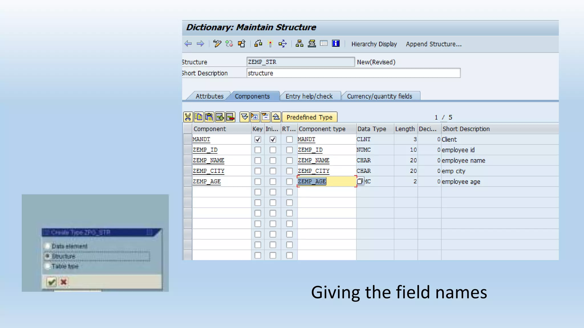 Giving the field names
 