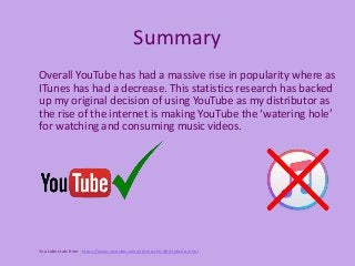 Summary
Overall YouTube has had a massive rise in popularity where as
ITunes has had a decrease. This statistics research has backed
up my original decision of using YouTube as my distributor as
the rise of the internet is making YouTube the ‘watering hole’
for watching and consuming music videos.
You tube stats from - https://www.youtube.com/yt/press/en-GB/statistics.html
 