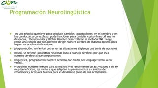 Programación Neurolingüística
 es una técnica que sirve para producir cambios, adaptaciones en el cerebro y en
las conductas a corto plazo. pude funcionar para cambiar costumbres tal ves no
deseadas, Jhon Grender y Richar Bandler desarrollaron el método PNL, surge
como una ciencia que nos permite dirigir nuestro cerebro de manera optima para
lograr los resultados deseados.
 programación, enfrentar uno o varias situaciones eligiendo una seria de opciones
 neuro, se refiere a nuestras neuronas ósea a nuestro cerebro, por que es a
nuestro cerebro al que programamos
 lingüística, programamos nuestro cerebro por medio del lenguaje verbal o no
verbal.
 Programar nuestro cerebro para la mejora y el rendimiento de actividades a de ser
muy beneficioso, los invito a que adapten su pensamientos a cambios de
emociones y actitudes buenas para el desarrollo pleno de sus actividades.
 