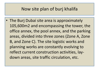 Now site plan of burj khalifa
• The Burj Dubai site area is approximately
105,600m2 and encompassing the tower, the
office annex, the pool annex, and the parking
areas, divided into three zones (Zone A, Zone
B, and Zone C). The site logistic works and
planning works are constantly evolving to
reflect current construction activities, lay-
down areas, site traffic circulation, etc.
 