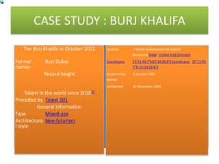 CASE STUDY : BURJ KHALIFA
The Burj Khalifa in October 2012
Former
names
Burj Dubai
Record height
Tallest in the world since 2010[I]
Preceded by Taipei 101
General information
Type Mixed-use
Architectura
l style
Neo-futurism
Location 1 Sheikh Mohammed bin Rashid
Boulevard,Dubai, United Arab Emirates
Coordinates 25°11′49.7″N55°16′26.8″ECoordinates: 25°11′49.
7″N 55°16′26.8″E
Construction
started
6 January 2004
Completed 30 December 2009
 