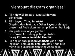 Membuat diagram organisasi
1. Pilih New Slide atau layout Slide yang
diinginkan.
2. Pilih Layout Title, SmartArt
Graphic, dan Text pada Other Layout sehingga
presentasi Anda akan menampilkan lembar kerja
3. Klik pada area objek gambar
ikon SmartArt sehingga tampil kotak
dialog Choose a SmartArt Graphic.
4. Pilih salah satu pilihan SmartArt yang Anda
inginkan. Kemudian, ketik OK atau Anda bisa
mengklik dua kali bagian yang Anda pilih.
 