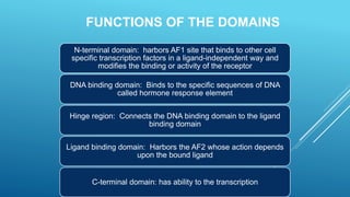 FUNCTIONS OF THE DOMAINS
N-terminal domain: harbors AF1 site that binds to other cell
specific transcription factors in a ligand-independent way and
modifies the binding or activity of the receptor
DNA binding domain: Binds to the specific sequences of DNA
called hormone response element
Hinge region: Connects the DNA binding domain to the ligand
binding domain
Ligand binding domain: Harbors the AF2 whose action depends
upon the bound ligand
C-terminal domain: has ability to the transcription
 