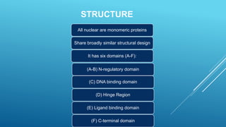 STRUCTURE
All nuclear are monomeric proteins
Share broadly similar structural design
It has six domains (A-F):
(A-B) N-regulatory domain
(C) DNA binding domain
(D) Hinge Region
(E) Ligand binding domain
(F) C-terminal domain
 