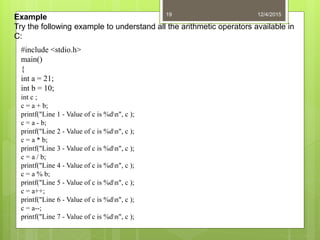 12/4/201519
Example
Try the following example to understand all the arithmetic operators available in
C:
#include <stdio.h>
main()
{
int a = 21;
int b = 10;
int c ;
c = a + b;
printf("Line 1 - Value of c is %dn", c );
c = a - b;
printf("Line 2 - Value of c is %dn", c );
c = a * b;
printf("Line 3 - Value of c is %dn", c );
c = a / b;
printf("Line 4 - Value of c is %dn", c );
c = a % b;
printf("Line 5 - Value of c is %dn", c );
c = a++;
printf("Line 6 - Value of c is %dn", c );
c = a--;
printf("Line 7 - Value of c is %dn", c );
 