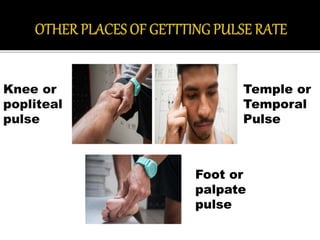 Knee or
popliteal
pulse
Temple or
Temporal
Pulse
Foot or
palpate
pulse
 