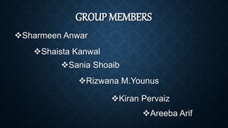 GROUP MEMBERS
Sharmeen Anwar
Shaista Kanwal
Sania Shoaib
Rizwana M.Younus
Kiran Pervaiz
Areeba Arif
 