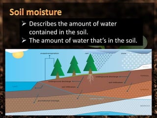  Describes the amount of water
contained in the soil.
The amount of water that’s in the soil.