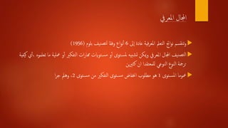 ‫ىل‬‫ا‬ ‫عادة‬ ‫فية‬‫ر‬‫املع‬ ‫التعمل‬ ‫اجت‬‫و‬‫ن‬ ‫نقسم‬‫ت‬‫و‬6‫بلوم‬ ‫نيف‬‫لتص‬ ‫وفقا‬ ‫اع‬‫و‬‫ن‬‫أ‬‫أ‬(1956)
‫ع‬ ‫و‬‫أ‬‫أ‬ ‫التفكري‬ ‫ات‬‫ر‬‫هما‬ ‫توايت‬‫مس‬ ‫و‬‫أ‬‫أ‬ ‫توى‬‫ملس‬ ‫شبيه‬‫ت‬ ‫ميكن‬‫و‬ ‫املعريف‬ ‫اجملال‬ ‫نيف‬‫لتص‬‫ا‬‫يفية‬‫ك‬ ‫ي‬‫أ‬‫أ‬، ‫تعلموه‬ ‫ما‬ ‫لية‬
‫ين‬‫ري‬‫كث‬ ‫ان‬ ‫للمعتقدا‬ ‫النوعي‬ ‫النوع‬ ‫ترمجة‬
‫توى‬‫املس‬ ‫عوما‬1‫توى‬‫مس‬ ‫من‬ ‫التفكري‬ ‫توى‬‫مس‬ ‫اخنفاض‬ ‫مطلوب‬ ‫هو‬2‫ا‬‫ر‬‫ج‬ ‫وهمل‬ ،
‫املعريف‬ ‫اجملال‬
 