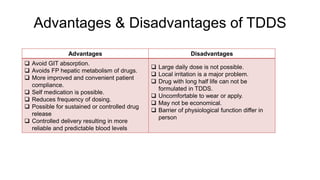 Advantages & Disadvantages of TDDS
Advantages Disadvantages
 Avoid GIT absorption.
 Avoids FP hepatic metabolism of drugs.
 More improved and convenient patient
compliance.
 Self medication is possible.
 Reduces frequency of dosing.
 Possible for sustained or controlled drug
release
 Controlled delivery resulting in more
reliable and predictable blood levels
 Large daily dose is not possible.
 Local irritation is a major problem.
 Drug with long half life can not be
formulated in TDDS.
 Uncomfortable to wear or apply.
 May not be economical.
 Barrier of physiological function differ in
person
 