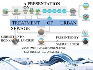 A PRESENTATION
ON...
TREATMENT OF URBAN
SEWAGE
SUBMITTED TO:-
HOD KAMAL SANGURI
PRESENTED BY
:-
SAURABH NEGI
DEPARTMENT OF MECHANICAL ENGG
GRAPHIC ERA HILL UNIVERSITY
 