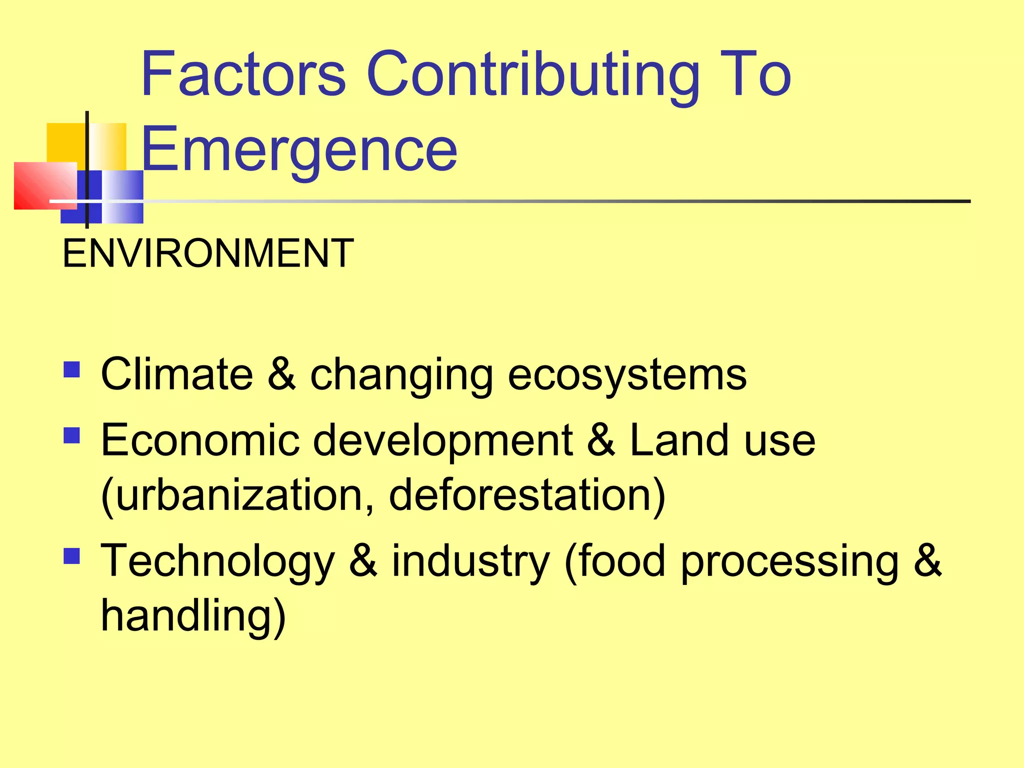 Factors Contributing To
Emergence
ENVIRONMENT
 Climate & changing ecosystems
 Economic development & Land use
(urbanization, deforestation)
 Technology & industry (food processing &
handling)
 