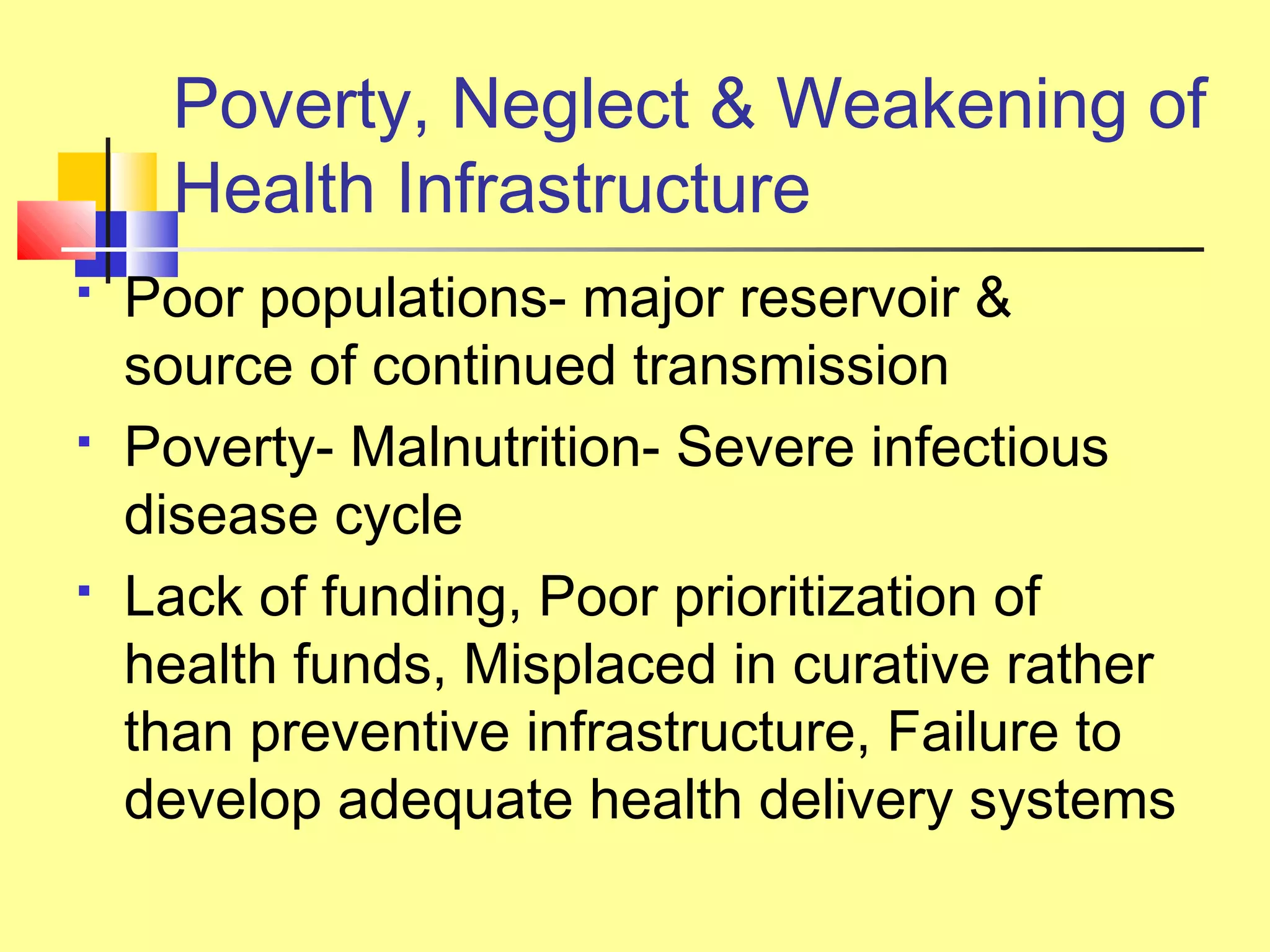 Poverty, Neglect & Weakening of
Health Infrastructure
 Poor populations- major reservoir &
source of continued transmission
 Poverty- Malnutrition- Severe infectious
disease cycle
 Lack of funding, Poor prioritization of
health funds, Misplaced in curative rather
than preventive infrastructure, Failure to
develop adequate health delivery systems
 