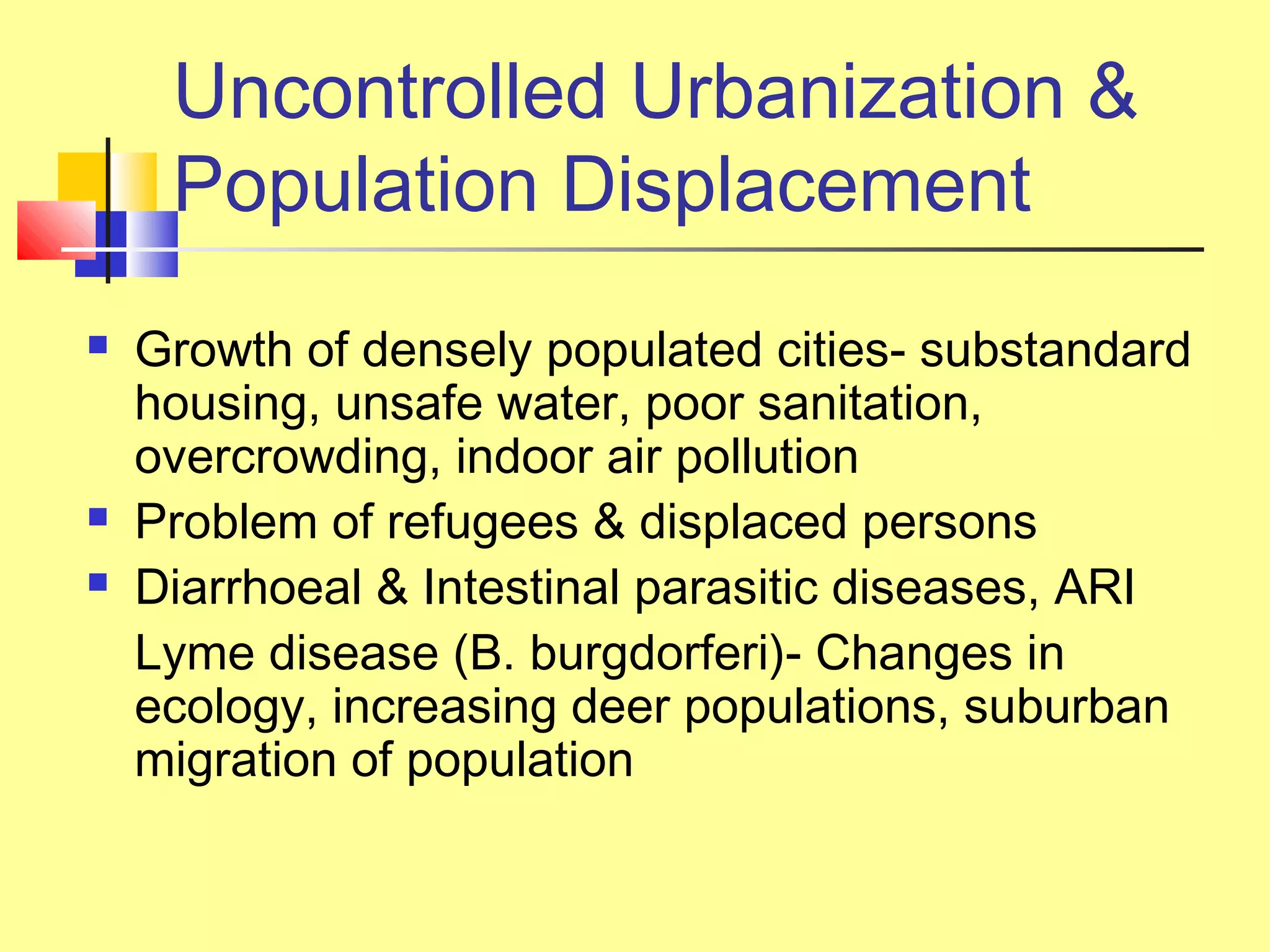 Uncontrolled Urbanization &
Population Displacement
 Growth of densely populated cities- substandard
housing, unsafe water, poor sanitation,
overcrowding, indoor air pollution
 Problem of refugees & displaced persons
 Diarrhoeal & Intestinal parasitic diseases, ARI
Lyme disease (B. burgdorferi)- Changes in
ecology, increasing deer populations, suburban
migration of population
 