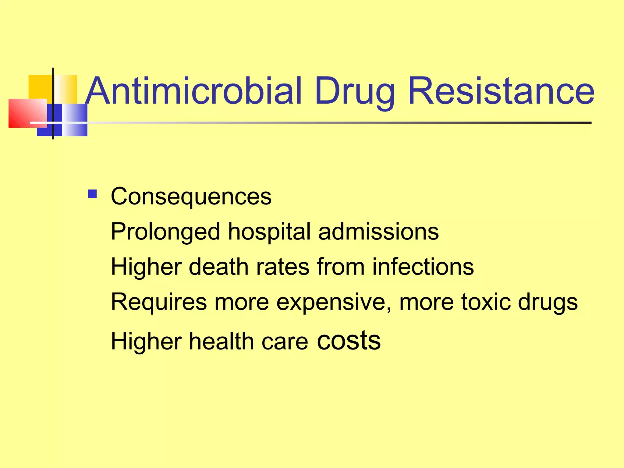 Antimicrobial Drug Resistance
 Consequences
Prolonged hospital admissions
Higher death rates from infections
Requires more expensive, more toxic drugs
Higher health care costs
 