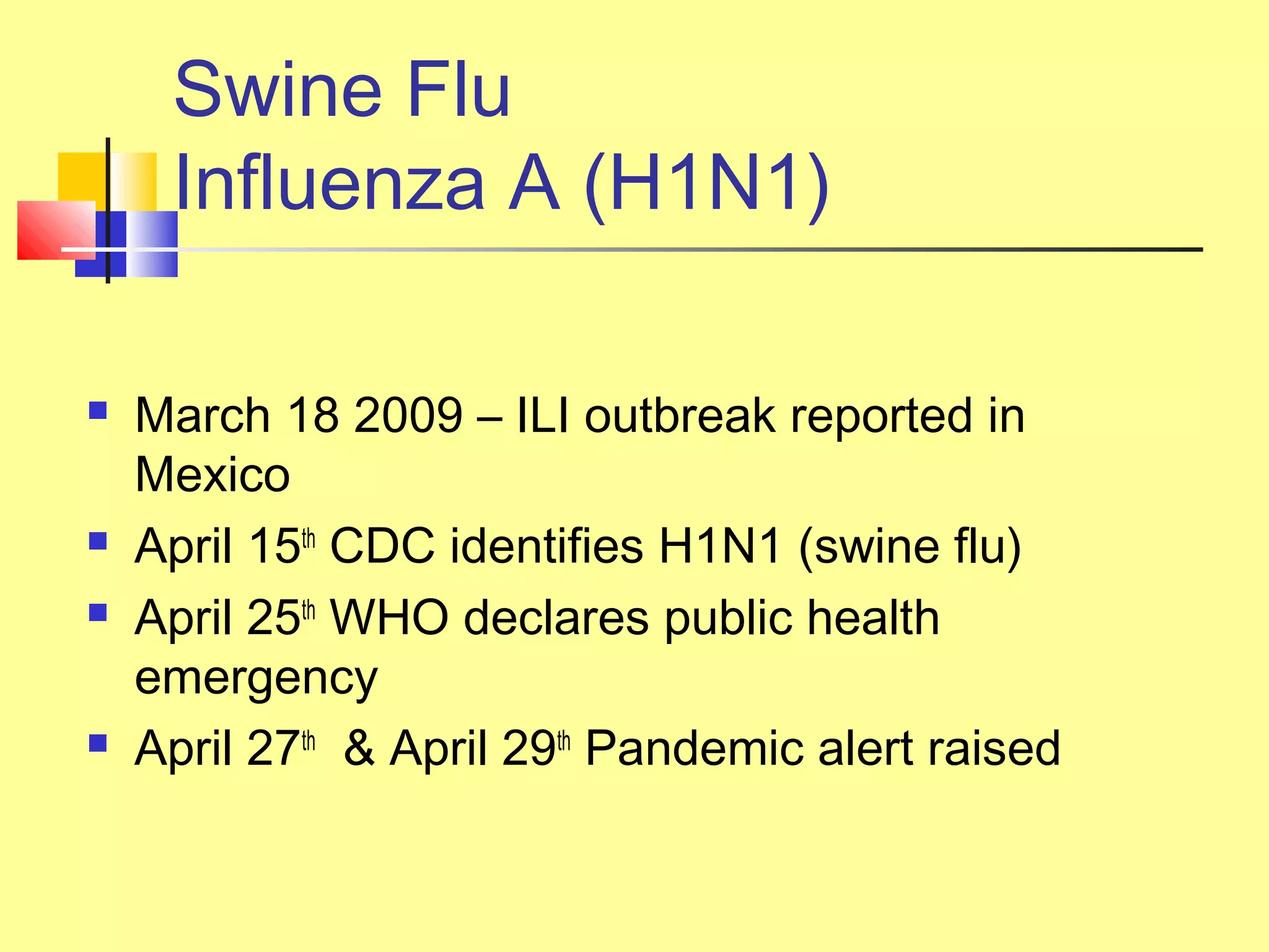 Swine Flu
Influenza A (H1N1)
 March 18 2009 – ILI outbreak reported in
Mexico
 April 15th
CDC identifies H1N1 (swine flu)
 April 25th
WHO declares public health
emergency
 April 27th
& April 29th
Pandemic alert raised
 