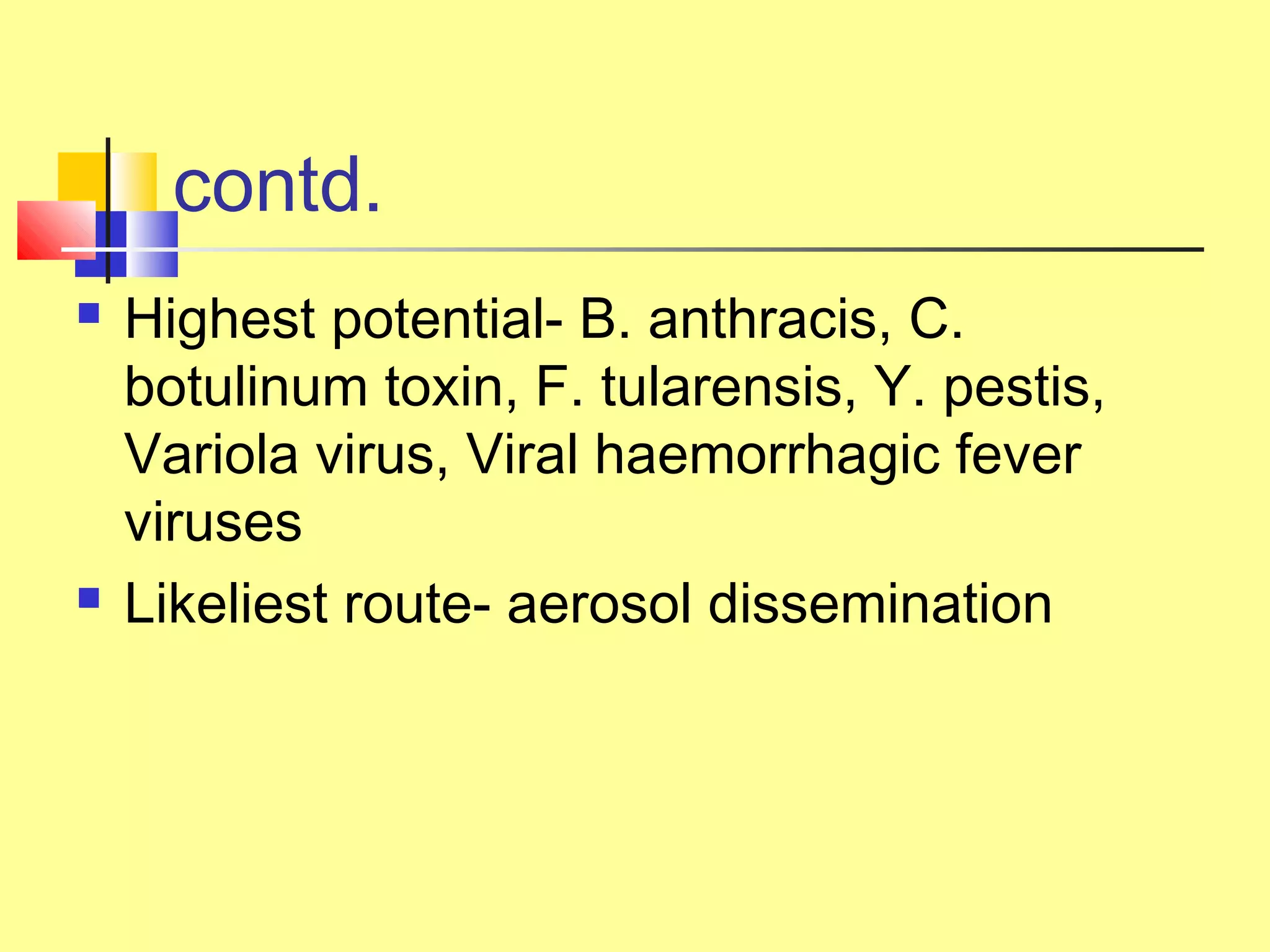 contd.
 Highest potential- B. anthracis, C.
botulinum toxin, F. tularensis, Y. pestis,
Variola virus, Viral haemorrhagic fever
viruses
 Likeliest route- aerosol dissemination
 