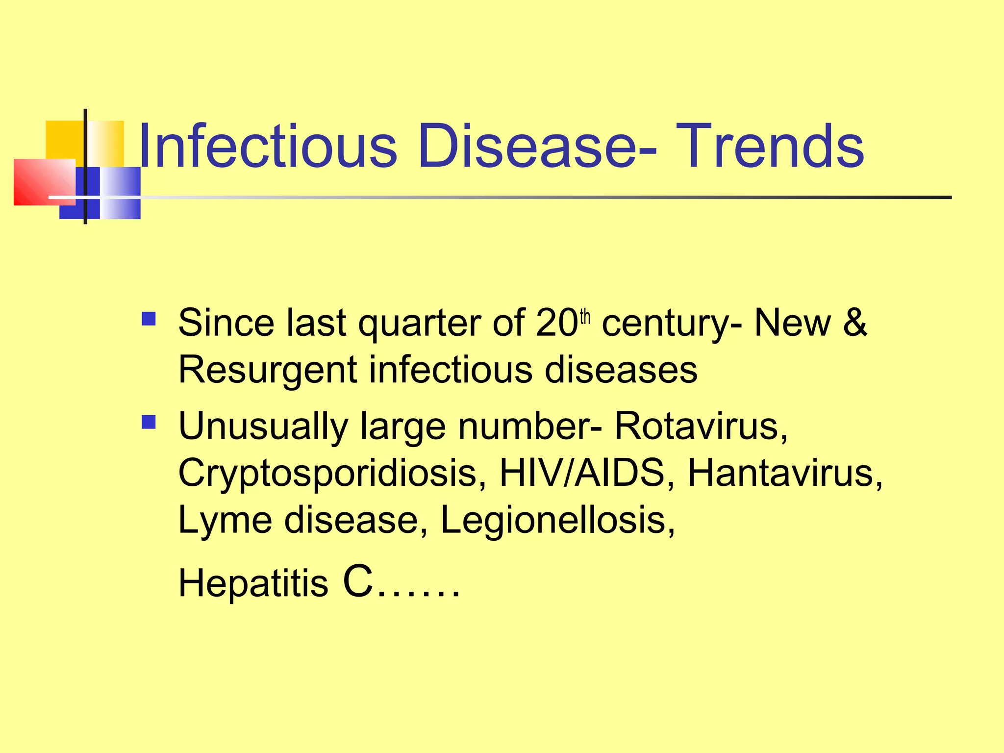 Infectious Disease- Trends
 Since last quarter of 20th
century- New &
Resurgent infectious diseases
 Unusually large number- Rotavirus,
Cryptosporidiosis, HIV/AIDS, Hantavirus,
Lyme disease, Legionellosis,
Hepatitis C……
 