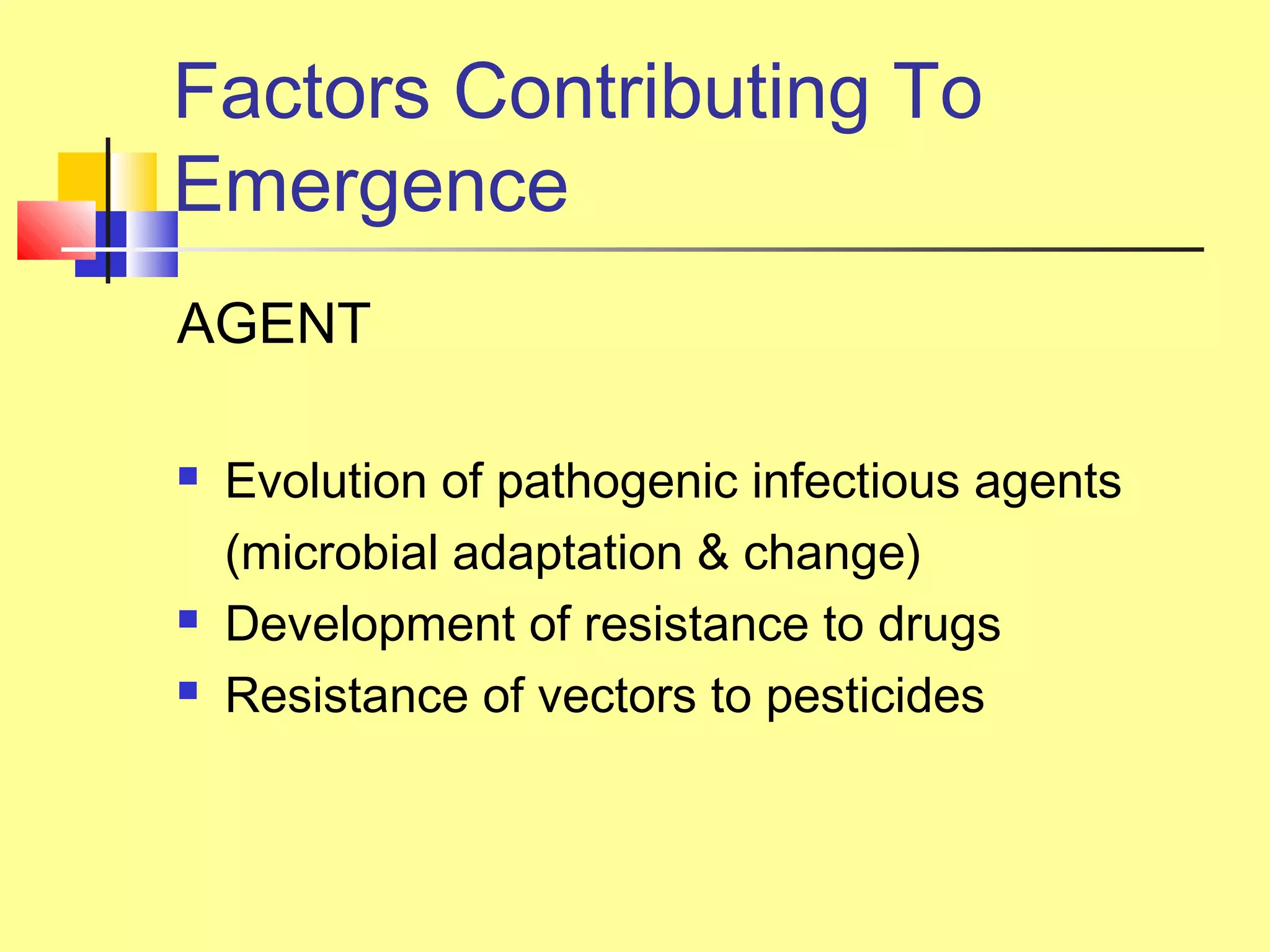 Factors Contributing To
Emergence
AGENT
 Evolution of pathogenic infectious agents
(microbial adaptation & change)
 Development of resistance to drugs
 Resistance of vectors to pesticides
 