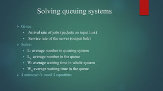 Solving queuing systems
 Given:
 Arrival rate of jobs (packets on input link)
 Service rate of the server (output link)
 Solve:
 L: average number in queuing system
 Lq average number in the queue
 W: average waiting time in whole system
 Wq average waiting time in the queue
 4 unknown’s: need 4 equations
 