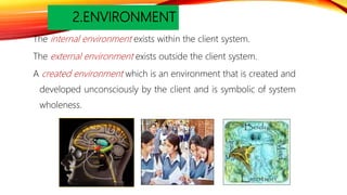2.ENVIRONMENT
The internal environment exists within the client system.
The external environment exists outside the client system.
A created environment which is an environment that is created and
developed unconsciously by the client and is symbolic of system
wholeness.
 