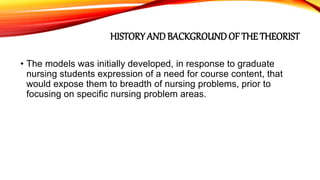 HISTORY ANDBACKGROUNDOF THE THEORIST
• The models was initially developed, in response to graduate
nursing students expression of a need for course content, that
would expose them to breadth of nursing problems, prior to
focusing on specific nursing problem areas.
 