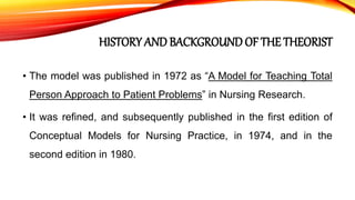 HISTORY AND BACKGROUND OF THE THEORIST
• The model was published in 1972 as “A Model for Teaching Total
Person Approach to Patient Problems” in Nursing Research.
• It was refined, and subsequently published in the first edition of
Conceptual Models for Nursing Practice, in 1974, and in the
second edition in 1980.
 