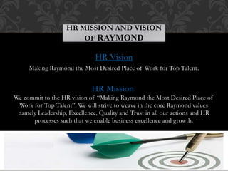 HR Vision
Making Raymond the Most Desired Place of Work for Top Talent.
HR Mission
We commit to the HR vision of “Making Raymond the Most Desired Place of
Work for Top Talent”. We will strive to weave in the core Raymond values
namely Leadership, Excellence, Quality and Trust in all our actions and HR
processes such that we enable business excellence and growth.
HR MISSION AND VISION
OF RAYMOND
 