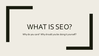 WHAT IS SEO?
Why do you care? Why should you be doing it yourself?
 