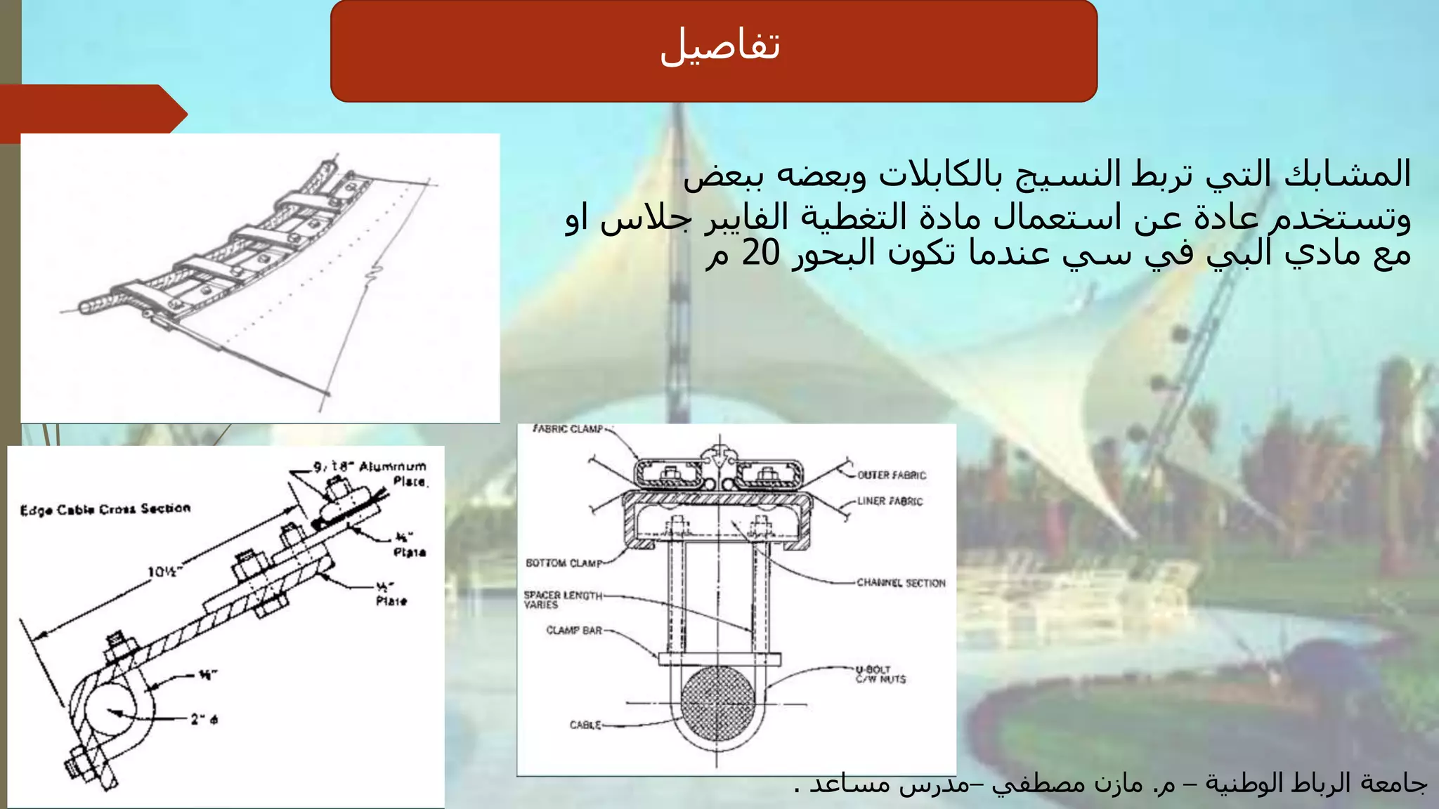 ‫تفاصيل‬
‫ببعض‬ ‫وبعضه‬ ‫بالكابالت‬ ‫النسيج‬ ‫تربط‬ ‫التي‬ ‫المشابك‬
‫او‬ ‫جالس‬ ‫الفايبر‬ ‫التغطية‬ ‫مادة‬ ‫استعمال‬ ‫عن‬ ‫عادة‬ ‫وتستخدم‬
‫البحور‬ ‫تكون‬ ‫عندما‬ ‫سي‬ ‫في‬ ‫البي‬ ‫مادي‬ ‫مع‬20‫م‬
‫الوطنية‬ ‫الرباط‬ ‫جامعة‬–‫م‬.‫مصطفي‬ ‫مازن‬–‫مساعد‬ ‫مدرس‬.
 