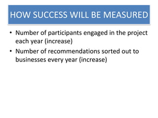 HOW SUCCESS WILL BE MEASURED
• Number of participants engaged in the project
each year (increase)
• Number of recommendations sorted out to
businesses every year (increase)
 