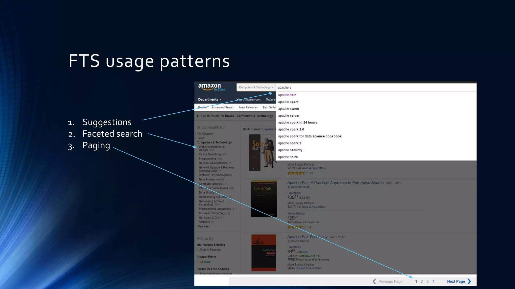 FTS usage patterns
1. Suggestions
2. Faceted search
3. Paging
 