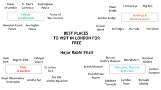 BEST PLACES
TO VISIT IN LONDON FOR
FREE
Hajar Rabhi Filali
Palaces
& Cathedrals
St. Paul's
Cathedral
Tower
of London
Kensington
Palace
Hampton Court
Palace
Palace of
Westminster
Buckingham
Palace
Buildings &
Shopping places
Tower
Bridge
Big BenLondon Eye
London Bridge
Parks
& Gardens
Oxford
Street Selfridges Harrods
Trafalgar
Square
Hyde
Park
Regents Park
St. James
Park
Royal Observatory,
Greenwich
London Zoo
Museums, Theatres
& Markets
British Museum
Natural
History Museum Tate Modern
National
Gallery
London
Dungeon
Sea Life
London Aquarium
Churchill War
Rooms
Madame
Tussauds
Camden
Town
Borough
Market
The Shard
 
