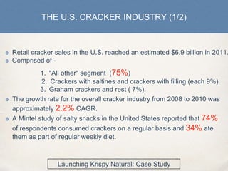 THE U.S. CRACKER INDUSTRY (1/2)
✤ Retail cracker sales in the U.S. reached an estimated $6.9 billion in 2011.
✤ Comprised of -
1. "All other" segment (75%)
2. Crackers with saltines and crackers with filling (each 9%)
3. Graham crackers and rest ( 7%).
✤ The growth rate for the overall cracker industry from 2008 to 2010 was
approximately 2.2% CAGR.
✤ A Mintel study of salty snacks in the United States reported that 74%
of respondents consumed crackers on a regular basis and 34% ate
them as part of regular weekly diet.
Launching Krispy Natural: Case Study
 