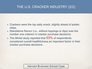 THE U.S. CRACKER INDUSTRY (2/2)
✤ Crackers were the top salty snack, slightly ahead of potato
chips.
✤ Standalone flavour (i.e., without toppings or dips) was the
number one criterion in cracker purchase decisions.
✤ The Mintel study reported that 53% of respondents
considered overall healthfulness an important factor in their
cracker purchase decisions.
Harvard Business School Case
 