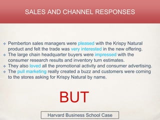 SALES AND CHANNEL RESPONSES
✤ Pemberton sales managers were pleased with the Krispy Natural
product and felt the trade was very interested in the new offering.
✤ The large chain headquarter buyers were impressed with the
consumer research results and inventory turn estimates.
✤ They also loved all the promotional activity and consumer advertising.
✤ The pull marketing really created a buzz and customers were coming
to the stores asking for Krispy Natural by name.
BUT
Harvard Business School Case
 
