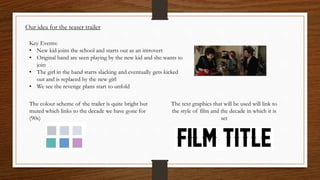 Our idea for the teaser trailer
Key Events:
• New kid joins the school and starts out as an introvert
• Original band are seen playing by the new kid and she wants to
join
• The girl in the band starts slacking and eventually gets kicked
out and is replaced by the new girl
• We see the revenge plans start to unfold
The colour scheme of the trailer is quite bright but
muted which links to the decade we have gone for
(90s)
The text graphics that will be used will link to
the style of film and the decade in which it is
set
 