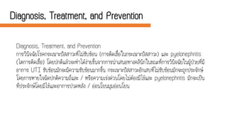Diagnosis, Treatment, and Prevention
การวินิจฉัยโรคกระเพาะปัสสาวะที่ไม่ซับซ้อน (การติดเชื้อในกระเพาะปัสสาวะ) และ pyelonephritis
(ไตการติดเชื้อ) โดยปกติแล้วจะทาได้ง่ายขึ้นจากการนาเสนอทางคลินิกในขณะที่การวินิจฉัยในผู้ป่วยที่มี
อาการ UTI ซับซ้อนมักจะมีความซับซ้อนมากขึ้น กระเพาะปัสสาวะอักเสบที่ไม่ซับซ้อนมักจะถูกประจักษ์
โดยการหายใจผิดปกติความถี่และ / หรือความเร่งด่วนโดยไม่ต้องมีไข้และ pyelonephritis มักจะเป็น
ที่ประจักษ์โดยมีไข้และอาการปวดหลัง / อ่อนโยนมุมอ่อนโยน
Diagnosis, Treatment, and Prevention
 