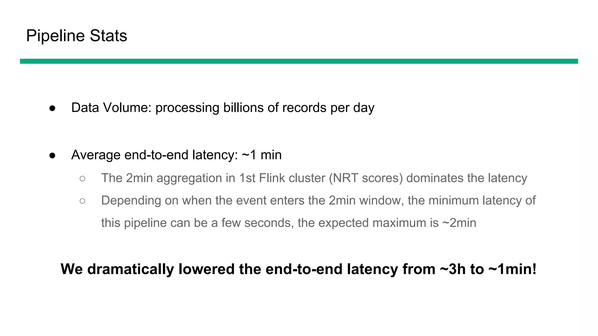 Pipeline Stats
● Data Volume: processing billions of records per day
● Average end-to-end latency: ~1 min
○ The 2min aggregation in 1st Flink cluster (NRT scores) dominates the latency
○ Depending on when the event enters the 2min window, the minimum latency of
this pipeline can be a few seconds, the expected maximum is ~2min
We dramatically lowered the end-to-end latency from ~3h to ~1min!
 