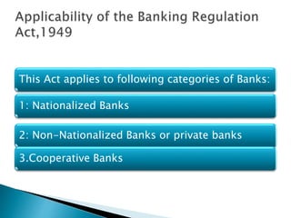 This Act applies to following categories of Banks:
1: Nationalized Banks
2: Non-Nationalized Banks or private banks
3.Cooperative Banks
 