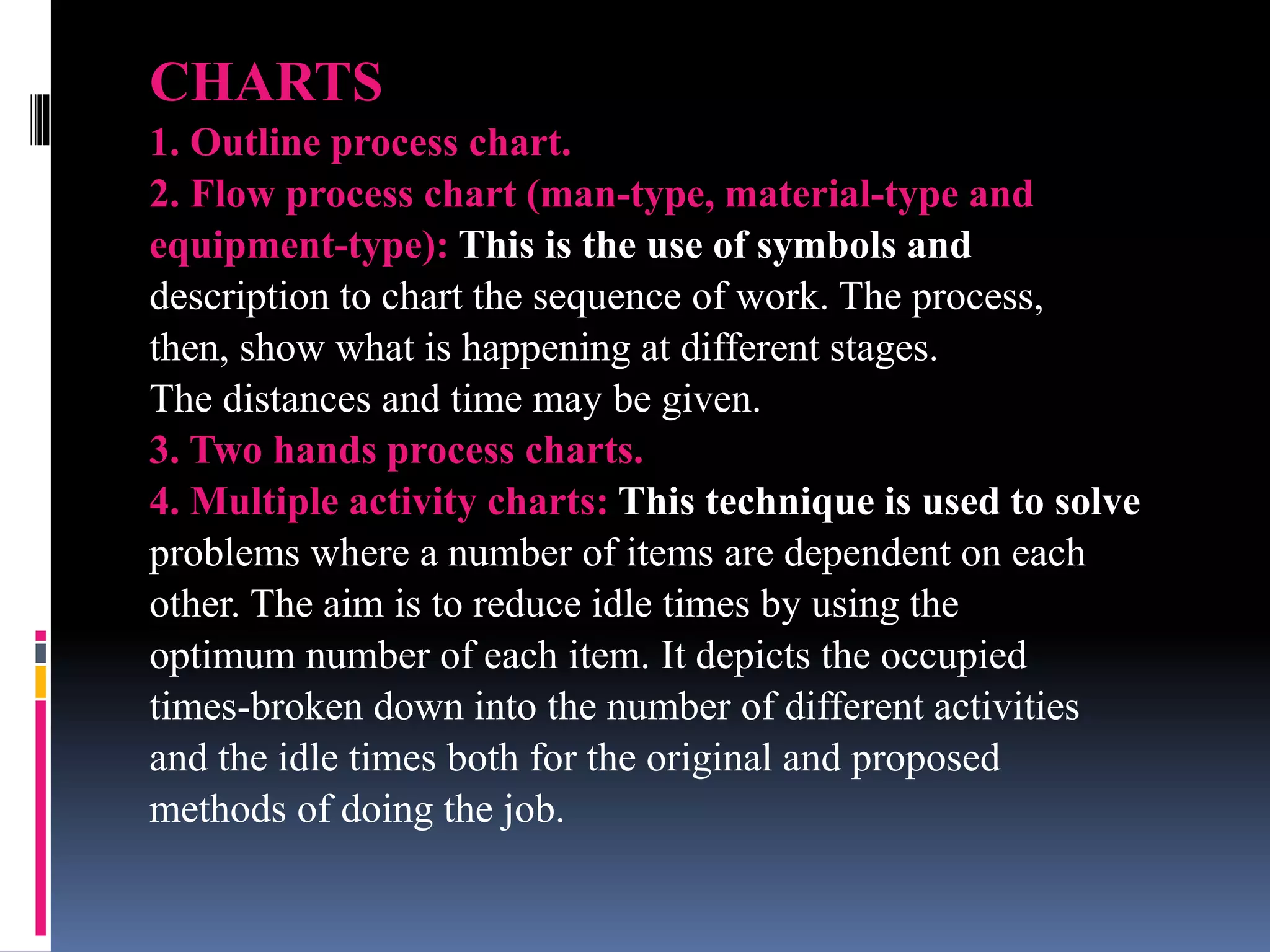 CHARTS
1. Outline process chart.
2. Flow process chart (man-type, material-type and
equipment-type): This is the use of symbols and
description to chart the sequence of work. The process,
then, show what is happening at different stages.
The distances and time may be given.
3. Two hands process charts.
4. Multiple activity charts: This technique is used to solve
problems where a number of items are dependent on each
other. The aim is to reduce idle times by using the
optimum number of each item. It depicts the occupied
times-broken down into the number of different activities
and the idle times both for the original and proposed
methods of doing the job.
 