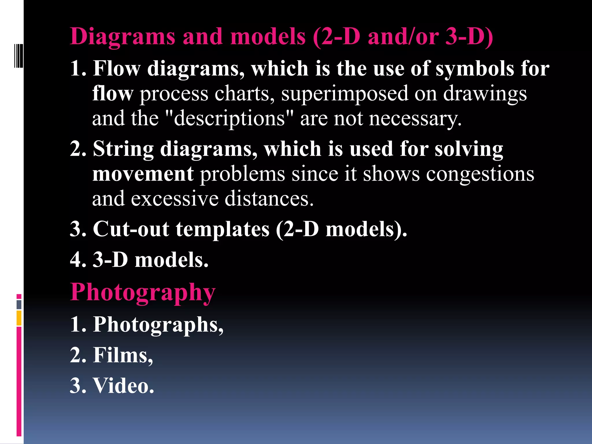 Diagrams and models (2-D and/or 3-D)
1. Flow diagrams, which is the use of symbols for
flow process charts, superimposed on drawings
and the "descriptions" are not necessary.
2. String diagrams, which is used for solving
movement problems since it shows congestions
and excessive distances.
3. Cut-out templates (2-D models).
4. 3-D models.
Photography
1. Photographs,
2. Films,
3. Video.
 