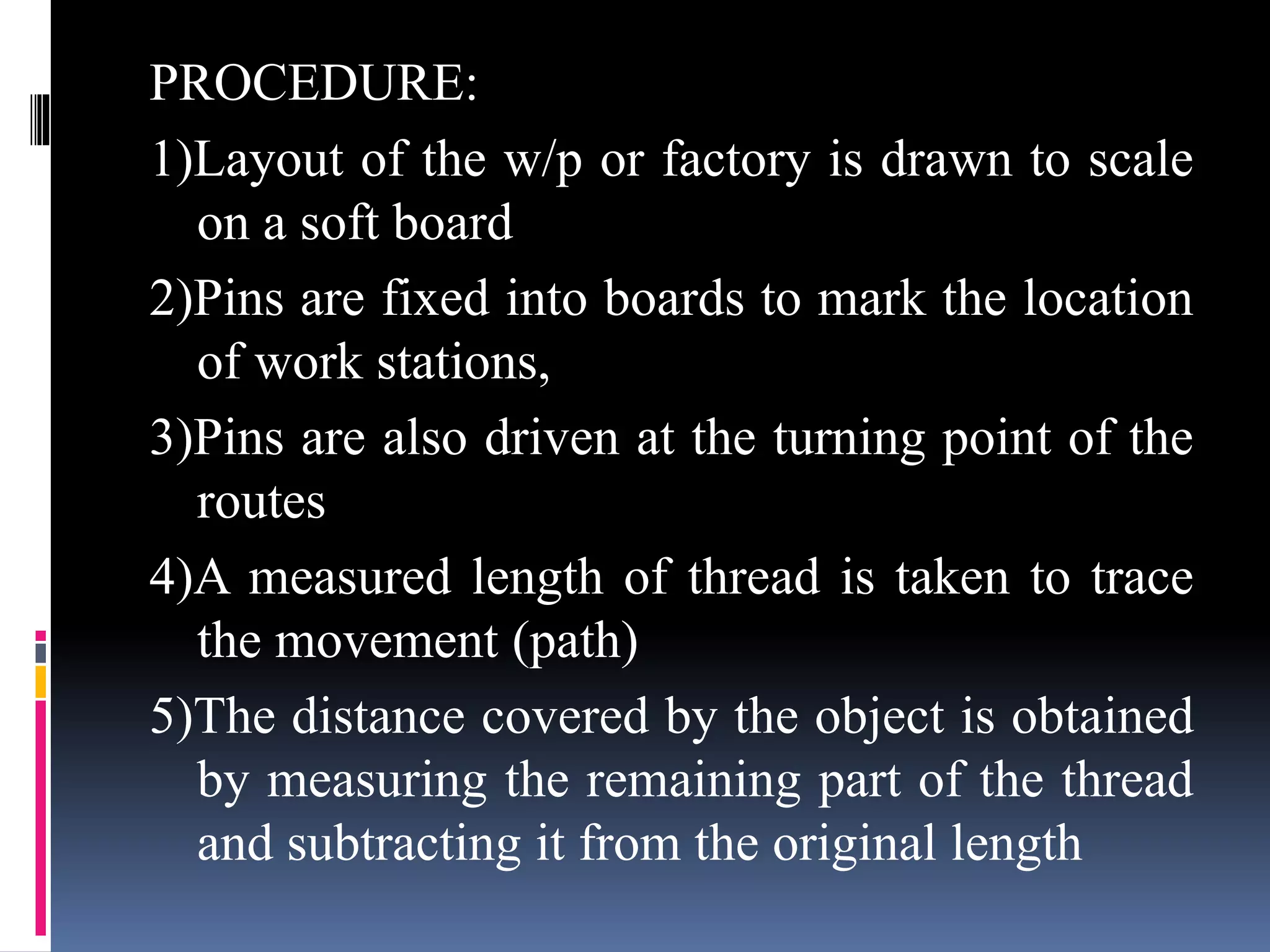 PROCEDURE:
1)Layout of the w/p or factory is drawn to scale
on a soft board
2)Pins are fixed into boards to mark the location
of work stations,
3)Pins are also driven at the turning point of the
routes
4)A measured length of thread is taken to trace
the movement (path)
5)The distance covered by the object is obtained
by measuring the remaining part of the thread
and subtracting it from the original length
 