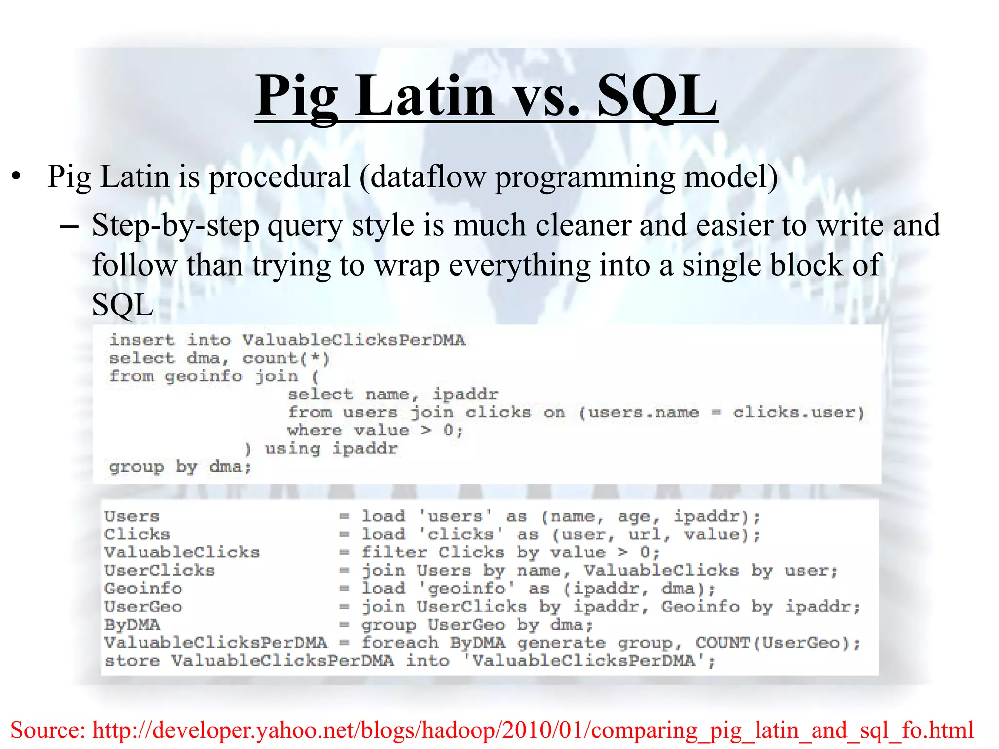 Pig Latin vs. SQL
• Pig Latin is procedural (dataflow programming model)
– Step-by-step query style is much cleaner and easier to write and
follow than trying to wrap everything into a single block of
SQL
Source: http://developer.yahoo.net/blogs/hadoop/2010/01/comparing_pig_latin_and_sql_fo.html
 