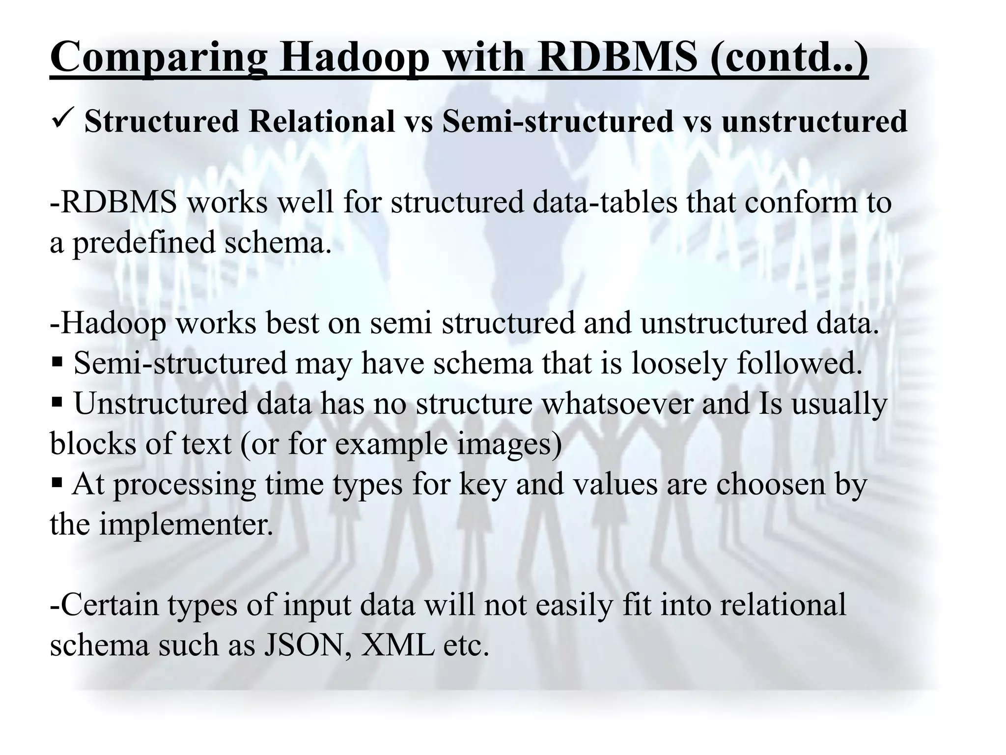  Structured Relational vs Semi-structured vs unstructured
-RDBMS works well for structured data-tables that conform to
a predefined schema.
-Hadoop works best on semi structured and unstructured data.
 Semi-structured may have schema that is loosely followed.
 Unstructured data has no structure whatsoever and Is usually
blocks of text (or for example images)
 At processing time types for key and values are choosen by
the implementer.
-Certain types of input data will not easily fit into relational
schema such as JSON, XML etc.
Comparing Hadoop with RDBMS (contd..)
 