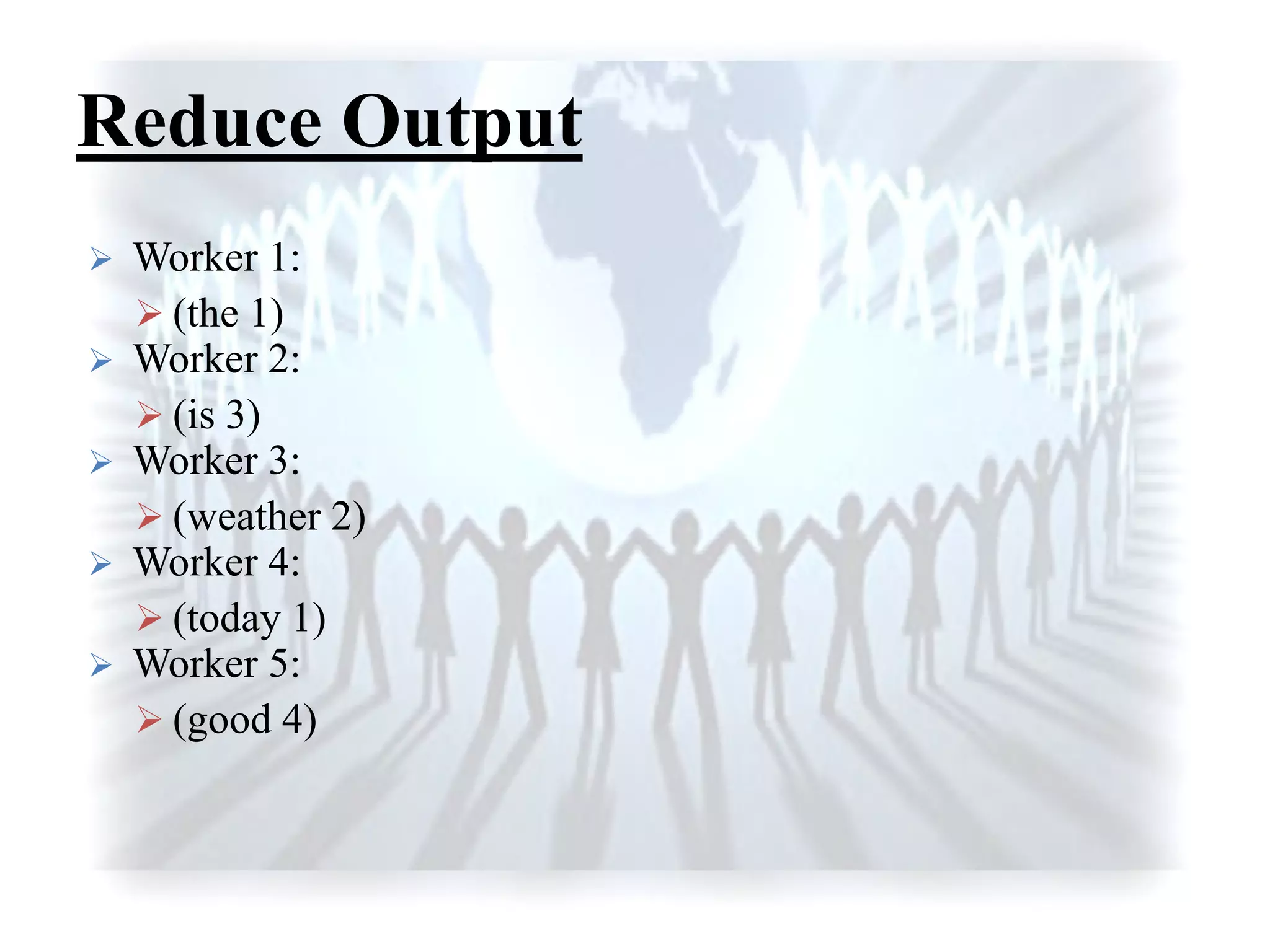Reduce Output
 Worker 1:
 (the 1)
 Worker 2:
 (is 3)
 Worker 3:
 (weather 2)
 Worker 4:
 (today 1)
 Worker 5:
 (good 4)
 