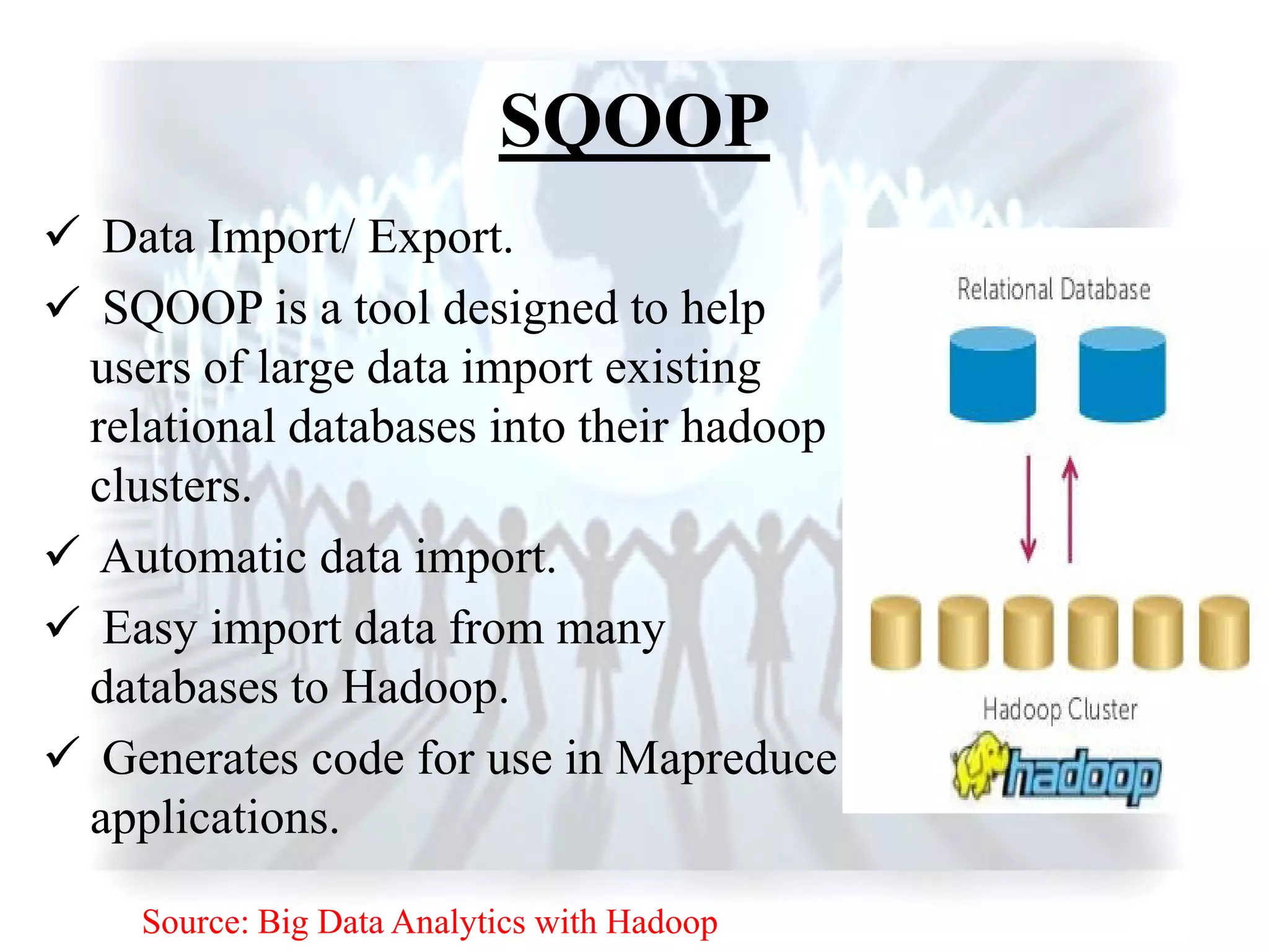 SQOOP
 Data Import/ Export.
 SQOOP is a tool designed to help
users of large data import existing
relational databases into their hadoop
clusters.
 Automatic data import.
 Easy import data from many
databases to Hadoop.
 Generates code for use in Mapreduce
applications.
Source: Big Data Analytics with Hadoop
 
